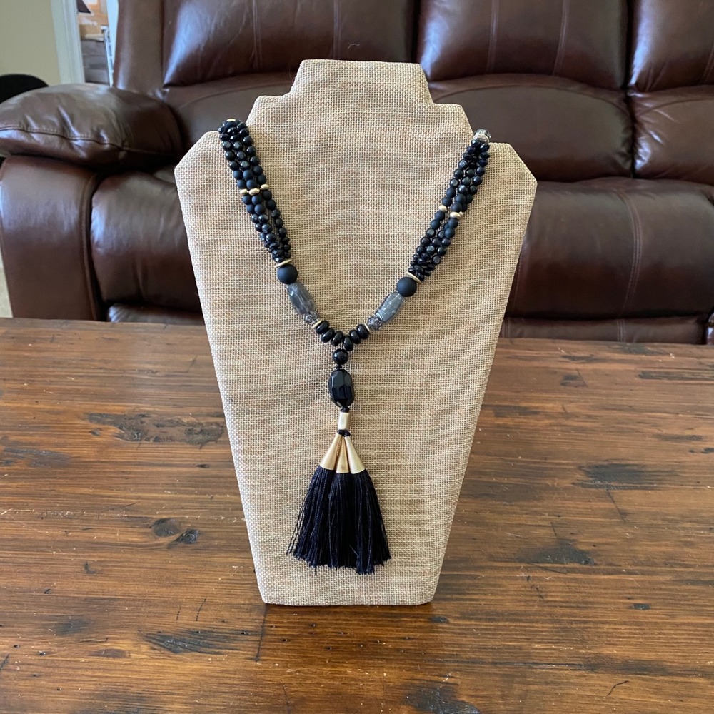 Chicos Black Beaded Tassel Pendant Necklace Gold Tone Adjustable One Size